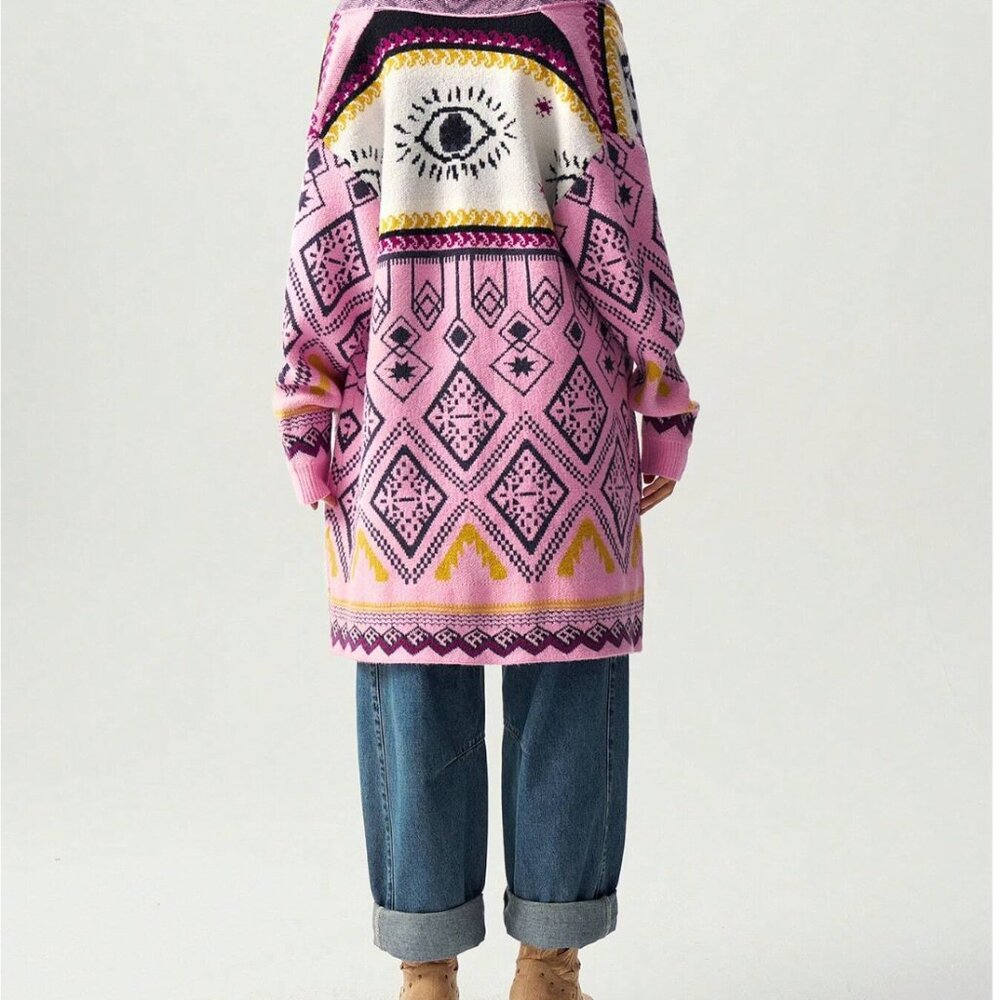 Pink Geometric Aztec Print Fringe Cardigan - Picture 10 of 15